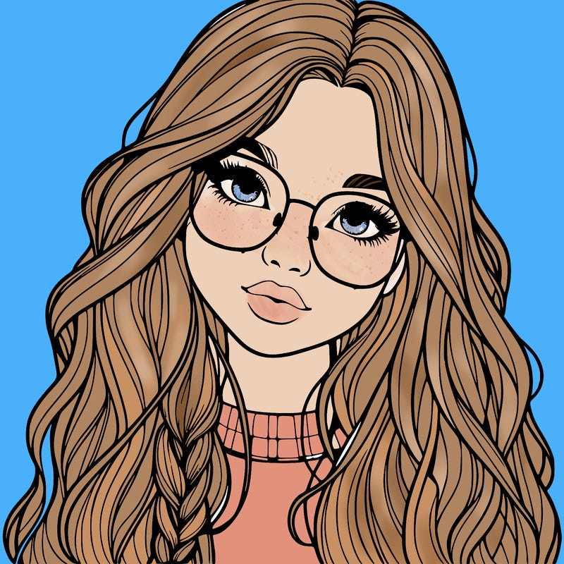 girl with long hair and freckles and glasses realistic