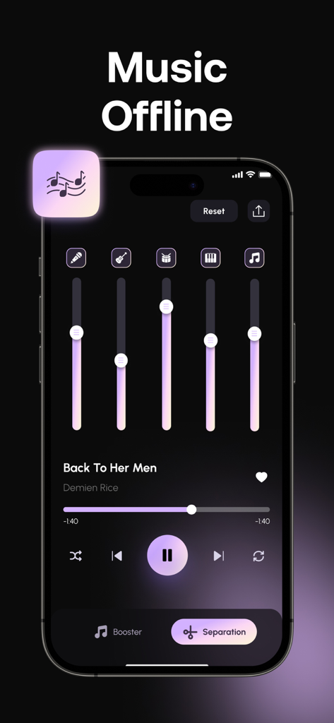 Interface do aplicativo Sound Boost mostrando controles deslizantes de separação de áudio por IA para vocais e instrumentos em um iPhone