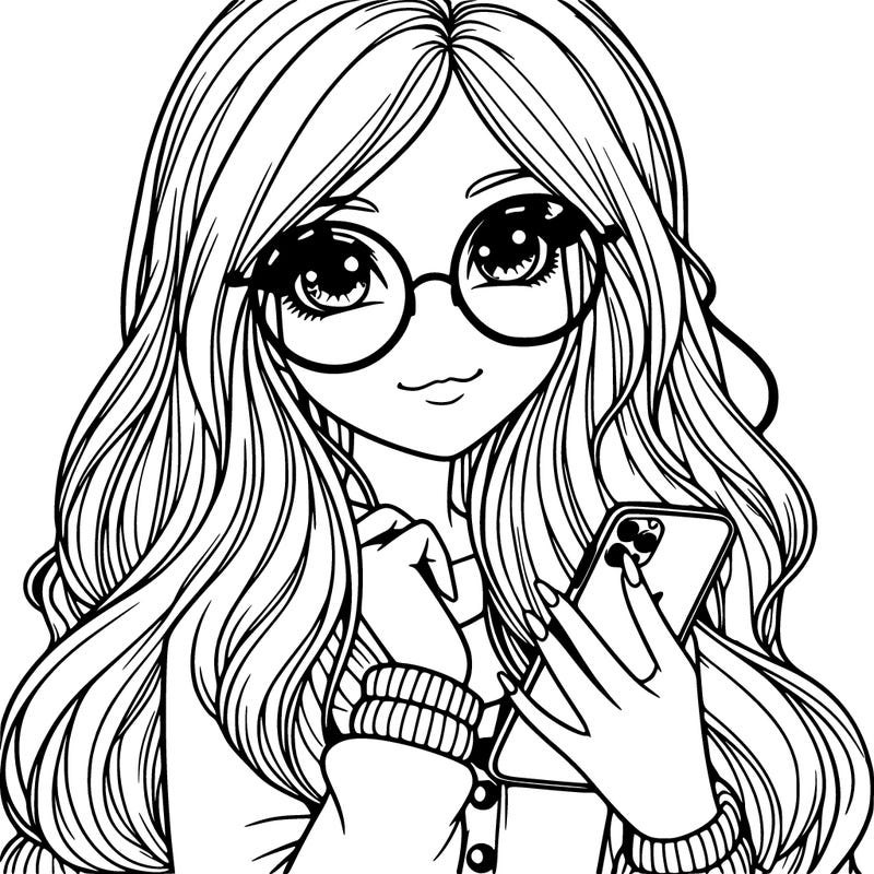 girl with long hair glasses with a phone in her hand realistic