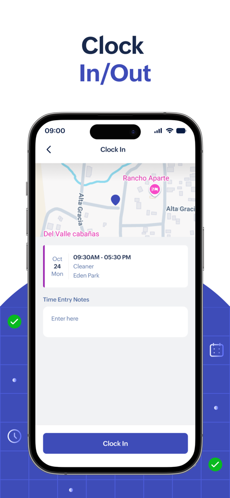 A mobile screen from the Zoho Shifts app showing the Clock In feature with shift time details and a map view