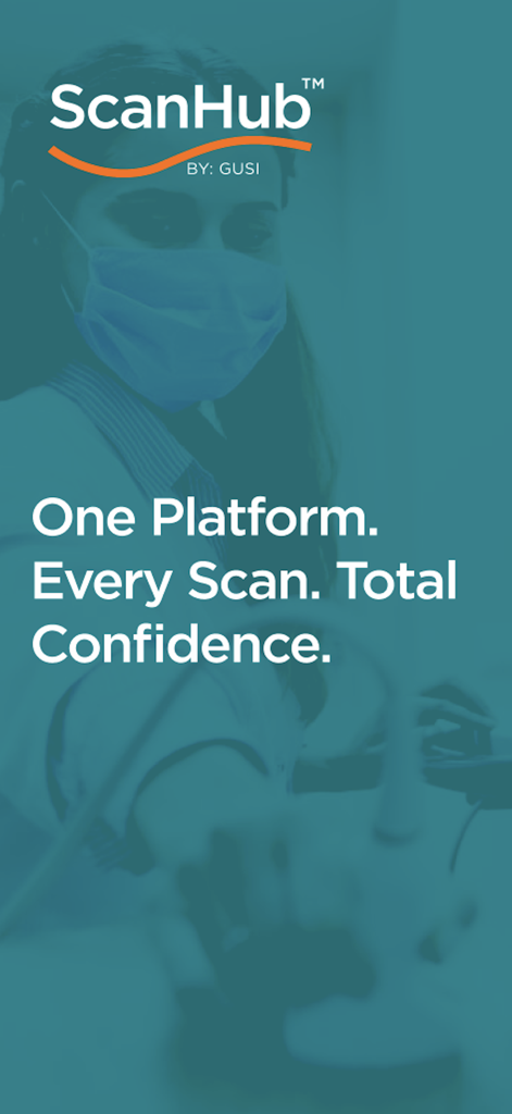 ScanHub by GUSI - A medical professional wearing a mask and holding an ultrasound probe with ScanHub branding and tagline