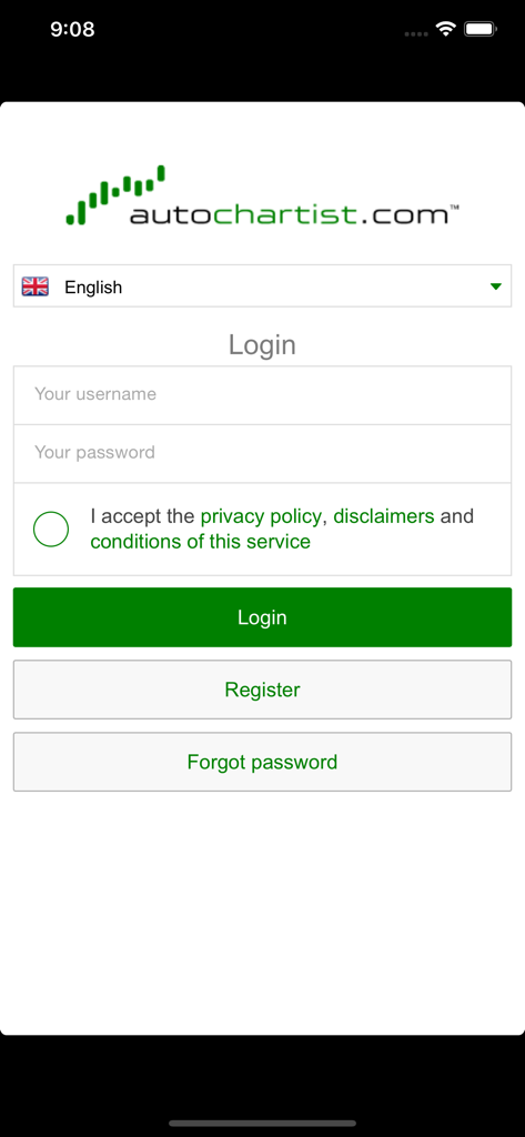 Autochartist - Autochartist mobile app login screen with username and password fields and a register button