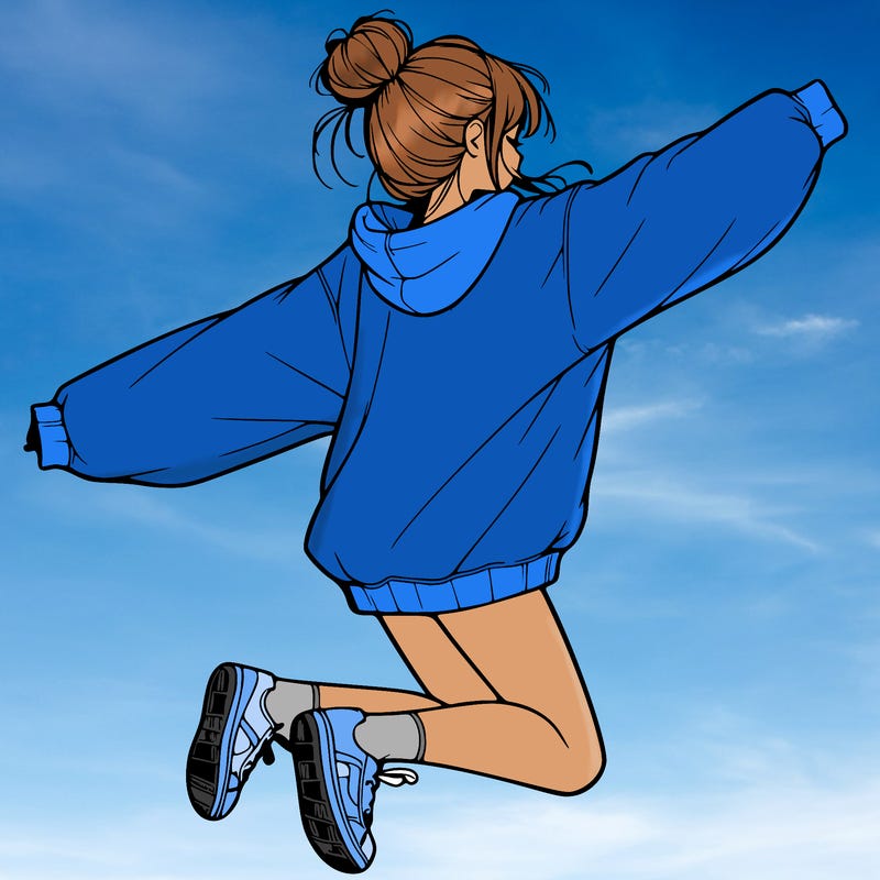 realistic girl jumping with a bun and oversized sweatshirt