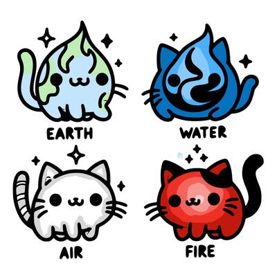 4 cats that represent the different elements, earth, water, air, and fire
