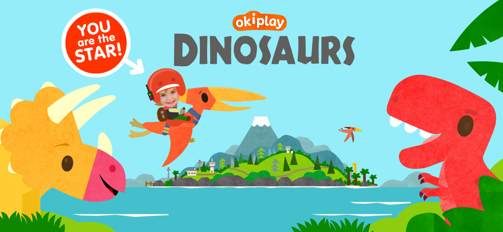 Dinosaur Puzzle Kid Dino Game - Escena de juego de dinosaurios personalizada donde un personaje infantil monta un pteranodon volador
