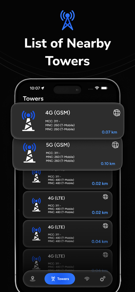 Cell Tower Locator - CellScope - A list of nearby 4G and 5G cellular towers showing carrier information and distance in the CellScope app