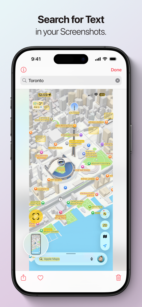 Screenshots Pro - Screenshots Pro app interface demonstrating the OCR text recognition feature by searching for Toronto within a map screenshot