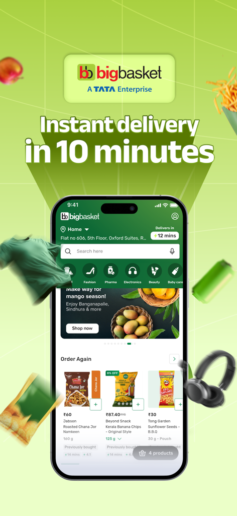 bigbasket: 10 min Grocery App - Bigbasket mobile app interface showing instant grocery delivery in 10 minutes.