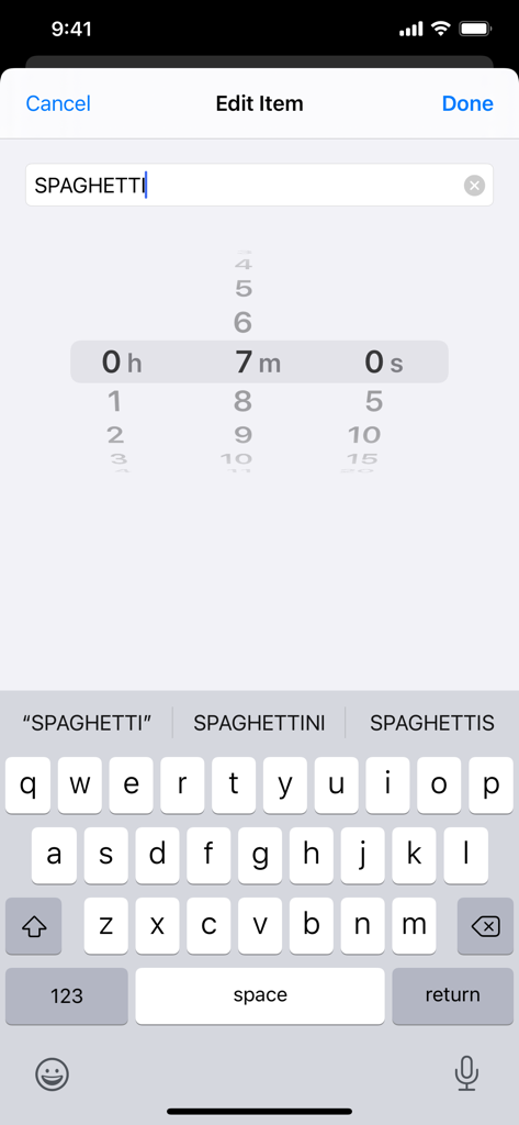 AnyTimer - AnyTimer app interface for setting a seven minute cooking timer for spaghetti