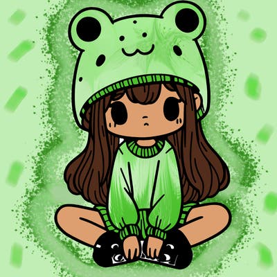 a girl wearing a frog hat and some frog socks