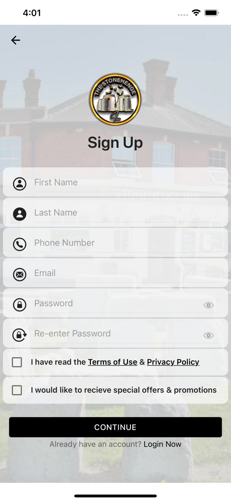 Stonehenge Inn - Mobile app sign up screen for Stonehenge Inn showing registration fields and loyalty opt-in.