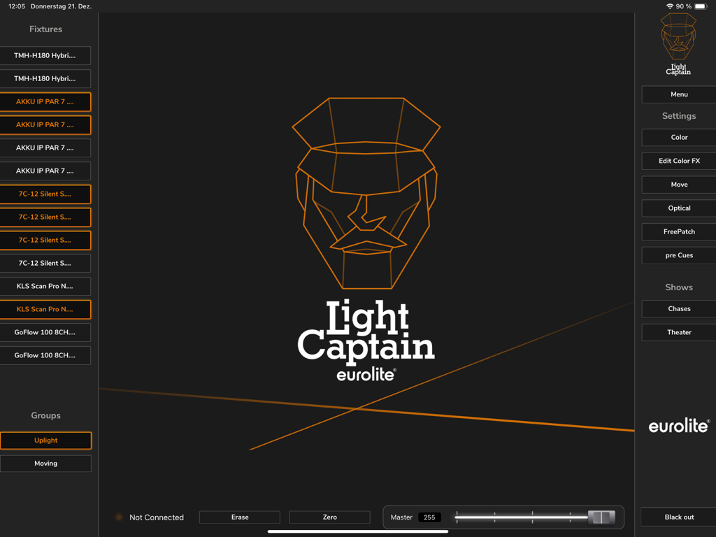 Light Captain - DMX Controller - Haupt-Dashboard der Light Captain DMX-Controller-App auf dem iPad mit Liste der Lichtgeräte und Einstellungsmöglichkeiten