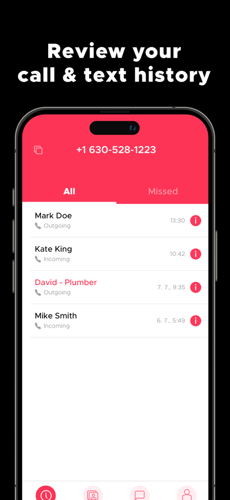 Change Phone Number by Numbr - Interfaz de la aplicación Numbr que muestra un registro de llamadas y mensajes de texto recientes entrantes y salientes.