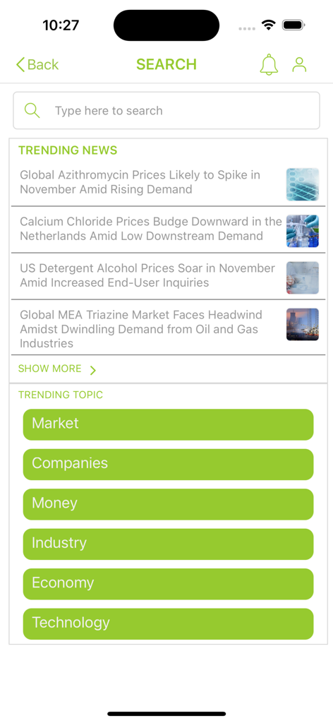 ChemAnalystアプリの検索画面、化学業界のトレンドニュースと市場トピックを表示