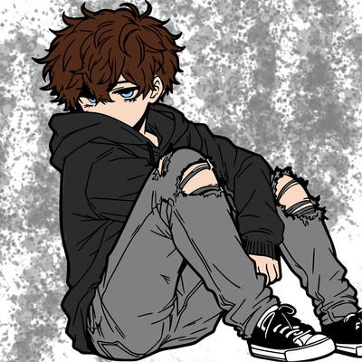 a male hoddie ripped jeans messy hair anime