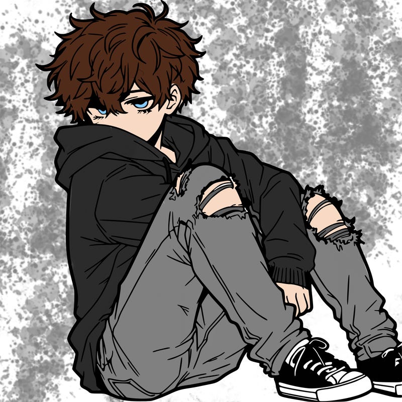 a male hoddie ripped jeans messy hair anime