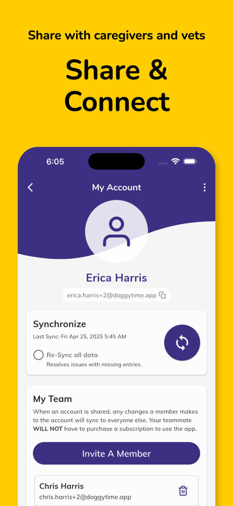 Doggy Time: Dog Training Log - Doggy Time App-Bildschirm, der die Funktion Teilen und Verbinden zur Verwaltung von Haustierpflegeteams und zur Synchronisierung von Daten anzeigt.