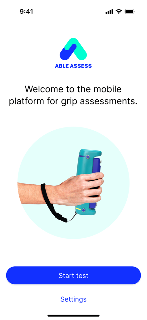 Able Assess - Able Assess app welcome screen showing a hand holding the GripAble sensor.