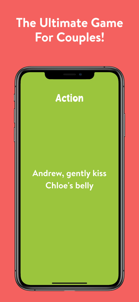Couples Games for Date Night - Smartphone screen showing an action challenge for a couple on a green background
