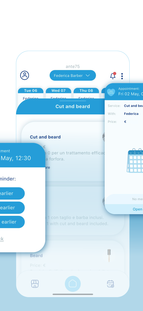 BarberApp - Mobile app interface for booking hair and beard services showing appointment calendar and reminders