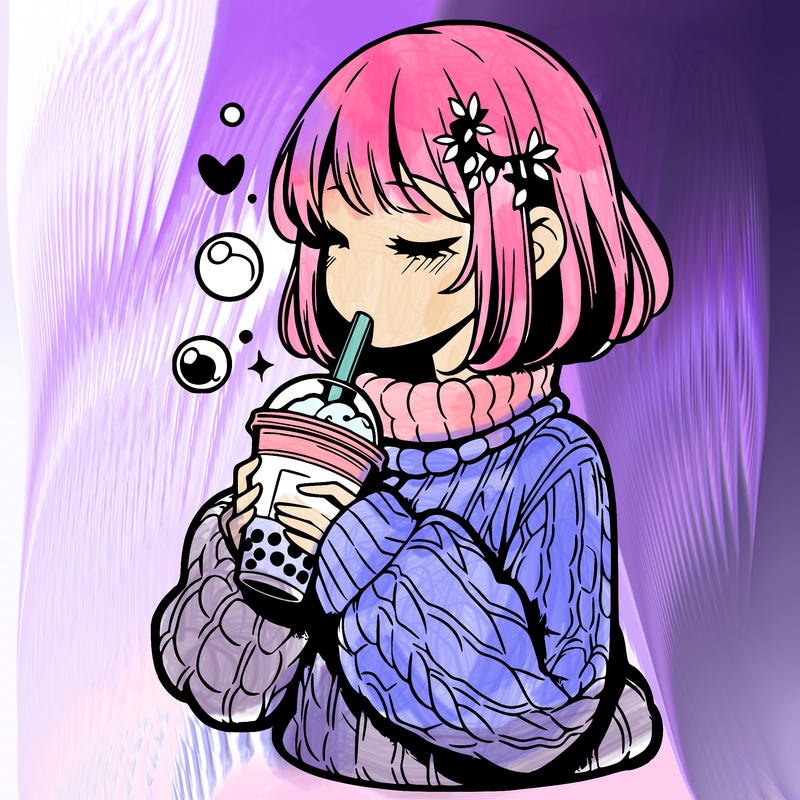 manga girl drinking boba in cozy sweater