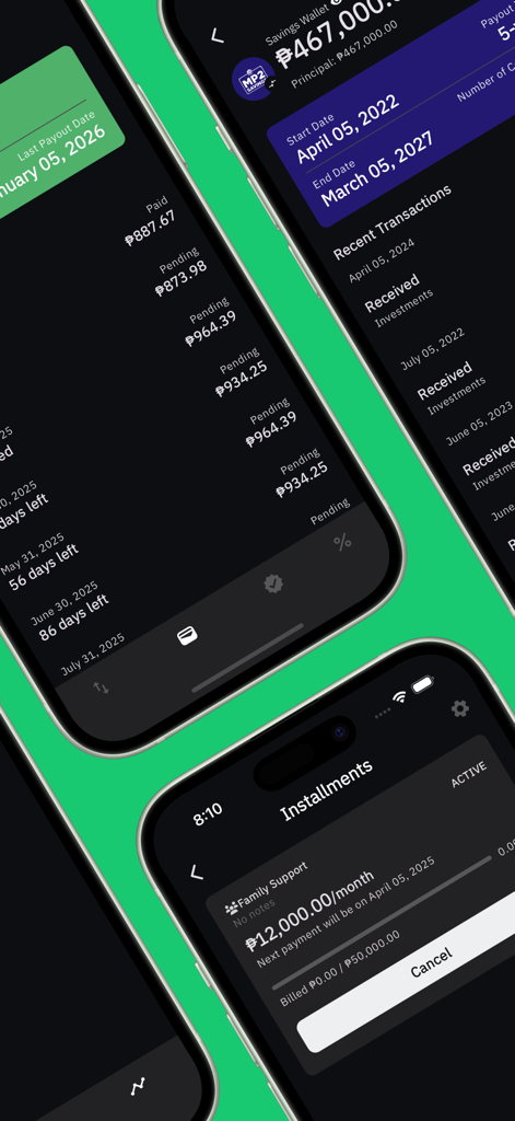 Finnest app interface showing savings wallet transaction history and installments management for family support