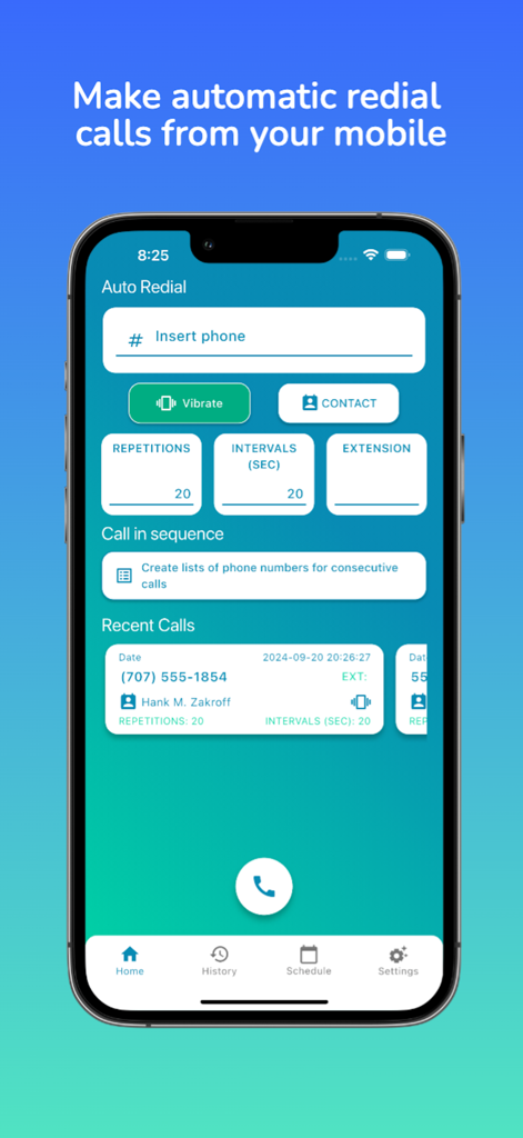 Auto Redial App - Auto Redial App home screen showing call automation settings for repetitions intervals and extensions