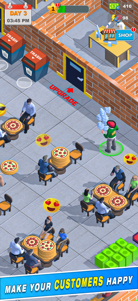 My Pizza Shop Simulator Game - 活気のあるピザレストラン経営シミュレーターで、ピザの山を食べている客たち。