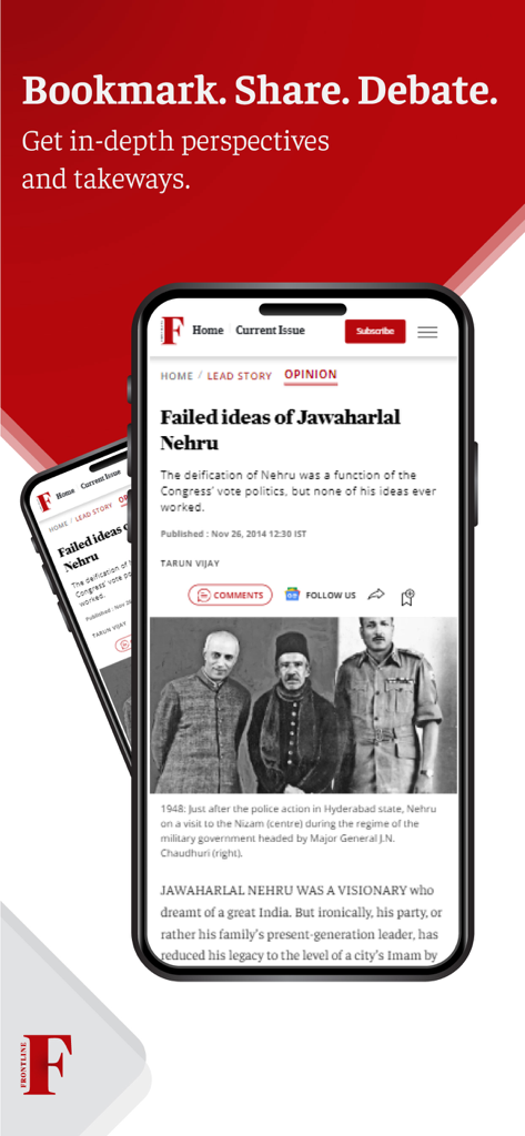 Frontline News Magazine app showing a long-form investigative article on a mobile screen