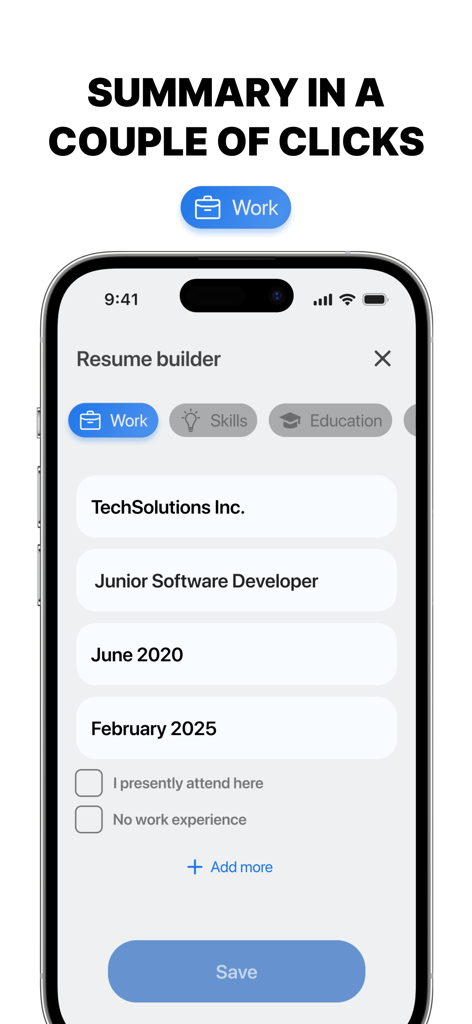 Resume Builder, CV Job App - Interfaz de aplicación móvil para ingresar la experiencia laboral profesional, incluido el nombre de la empresa y el puesto de trabajo, en un currículum