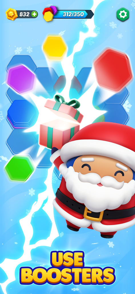 Gameplay screenshot of HexaGo showing a festive Santa Claus character and an open gift box booster