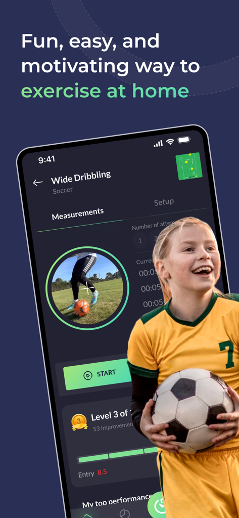 A young girl holding a soccer ball next to a smartphone screen displaying a dribbling exercise in the Smart Timer Player app