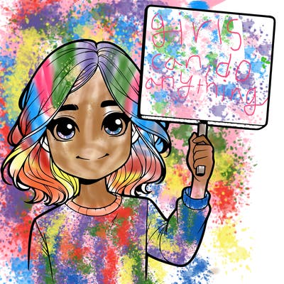 realistic girl holding up a sign