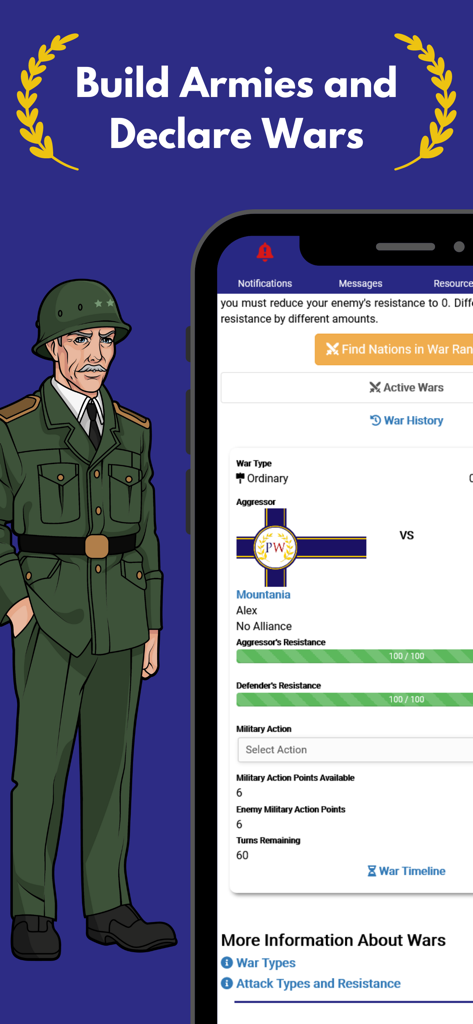 Un personnage de général militaire à côté d'un écran mobile montrant la gestion de la guerre et les statistiques de bataille dans l'application Politics and War