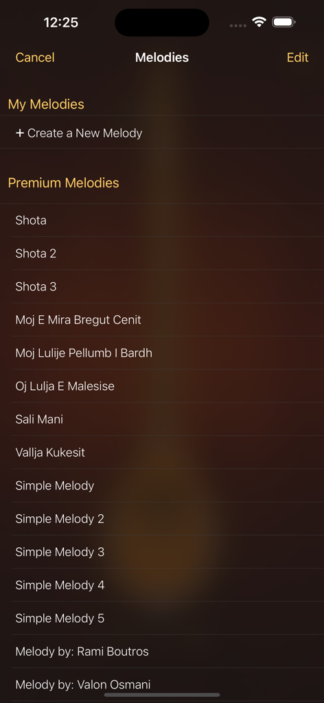 Tingalin (Çifteli and Lahuta) - List of traditional Albanian melodies in the Tingalin app interface