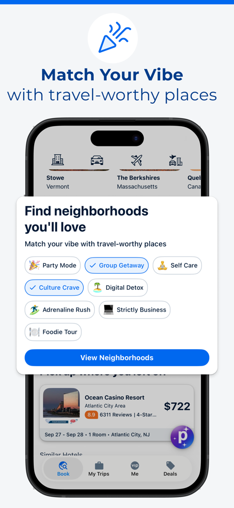 Interfaz de la app móvil Priceline que muestra categorías de ambiente de viaje como Escapada en grupo y Antojo cultural para encontrar barrios.