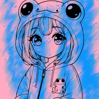 cute realistic girl in a froggy hoodie
