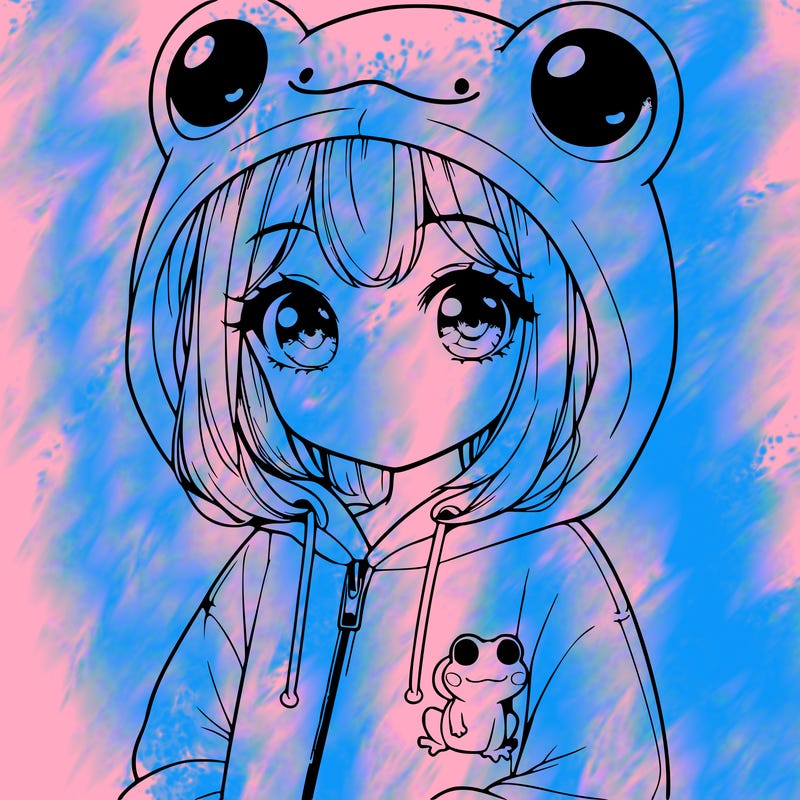 cute realistic girl in a froggy hoodie