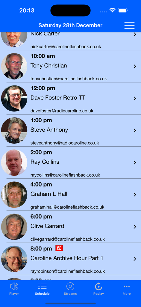 Caroline Flashback radio app programme schedule showing DJ names and broadcast times