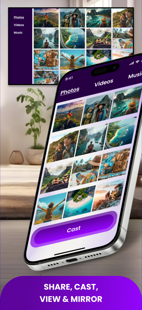 Screen Mirroring • Smart TV - An iPhone screen mirroring a photo gallery to a large smart TV screen in a modern living room