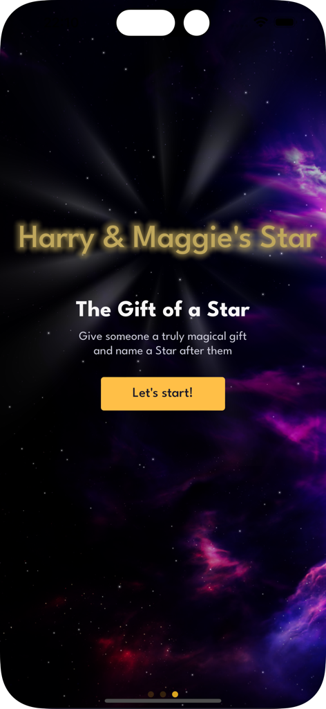 Name Star Register app welcome screen featuring a personalized star for Harry and Maggie over a space nebula background