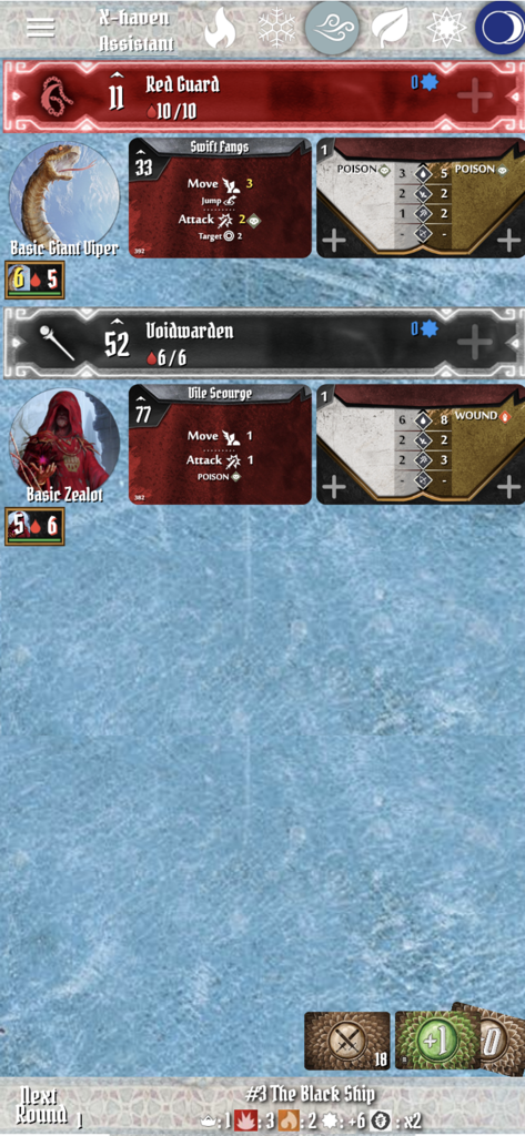 X-haven Assistant app dashboard showing player and monster tracking cards for a tabletop board game session