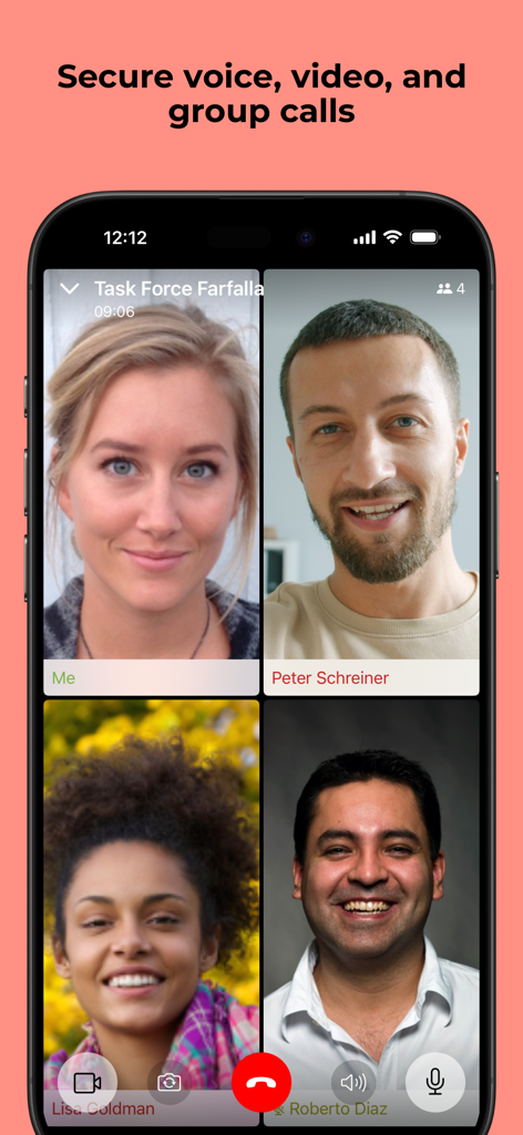Capture d'écran de l'application Threema OnPrem montrant un appel vidéo de groupe sécurisé avec quatre participants