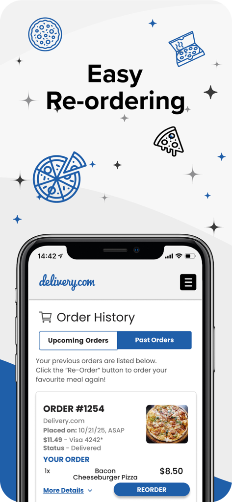 Screenshot dell'app delivery.com che mostra la schermata della cronologia ordini con un pulsante di riordino per un precedente ordine di pizza