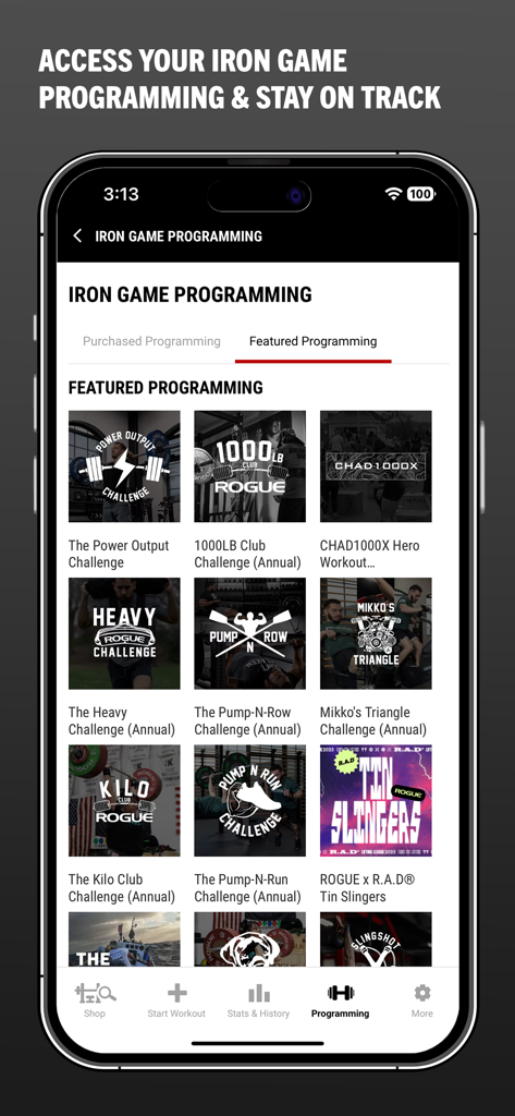 Rogue App - Interface de l'App Rogue affichant une liste de programmes de fitness Iron Game vedettes et de défis d'entraînement annuels.