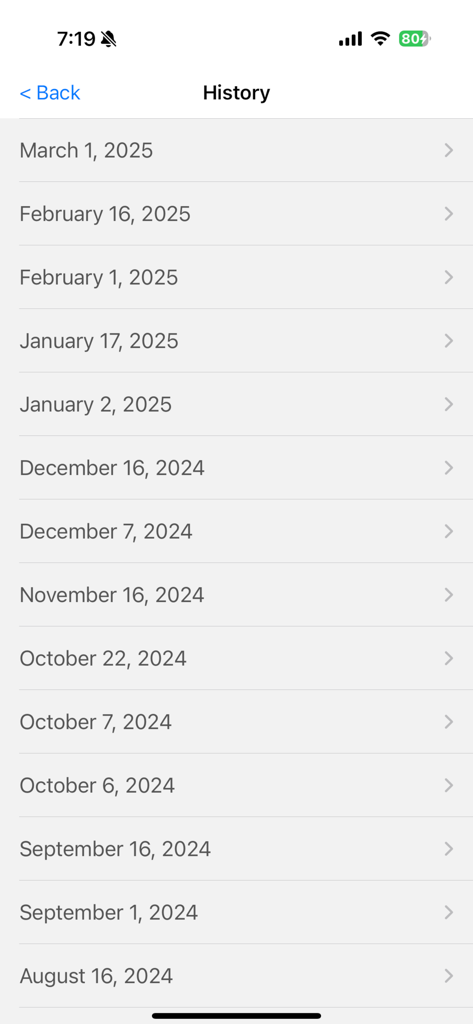 Thai National Lottery - Thai National Lottery app history screen listing previous draw dates
