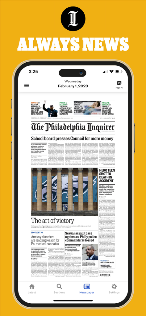 The Philadelphia Inquirer mobile app showing a digital replica of the daily newspaper front page