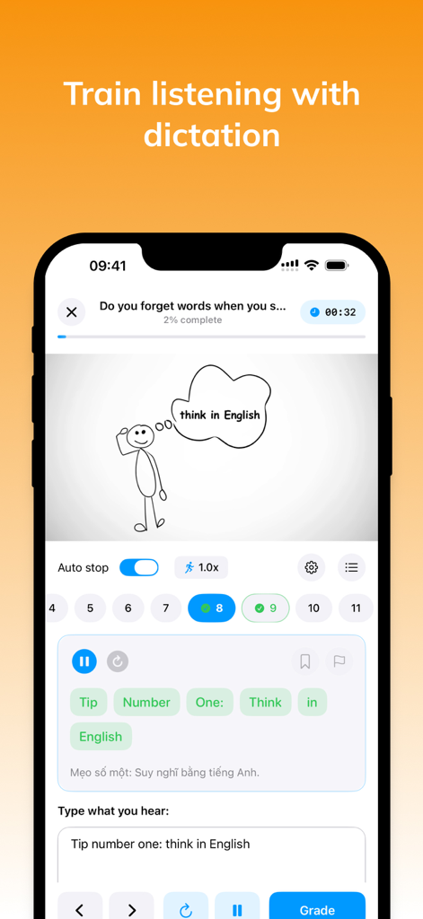 Parroto: Shadowing & Dictation - Benutzeroberfläche der Parroto-App, die eine englische Hörübung mit einer Diktatübung und einem Video zeigt.