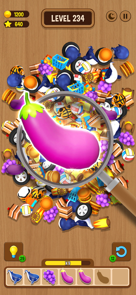 Match Triple 3D Untimed No Ads - Una pantalla de juego de Match Triple 3D Sin Límite de Tiempo mostrando una lupa resaltando una berenjena rosa entre varios objetos 3D como ballenas y balones de voleibol.