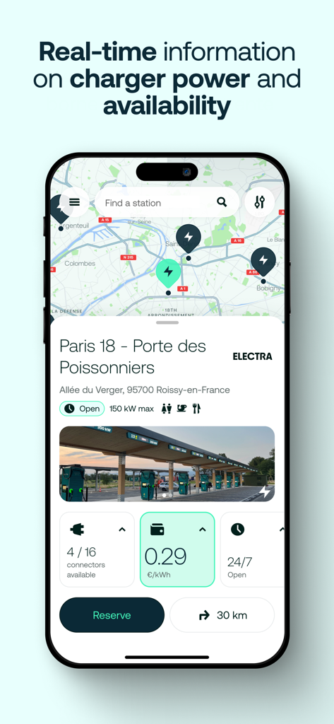 Electra - Fast Charging Hubs - Pantalla de smartphone que muestra la app Electra con disponibilidad en tiempo real de estaciones de carga para VEs e información de potencia en un mapa